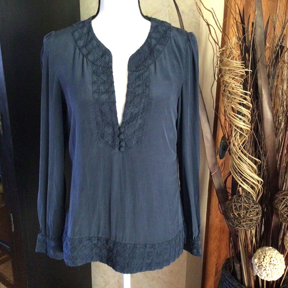 Vineyard Vines Navy Blue Long Sleeve Split V-Neck Blouse
